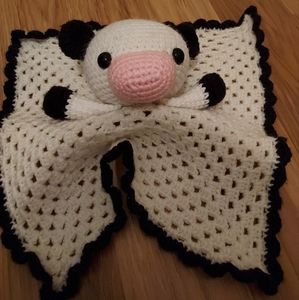 Vintage Handmade Crochet Cow Pig Lovey Blanket Stuffed Animal Black White Pink